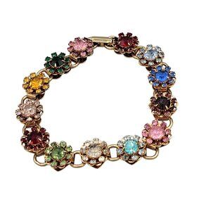 Vintage Gold Tone Tourmaline Stone Flower Link Bracelet Fold Over Clasp